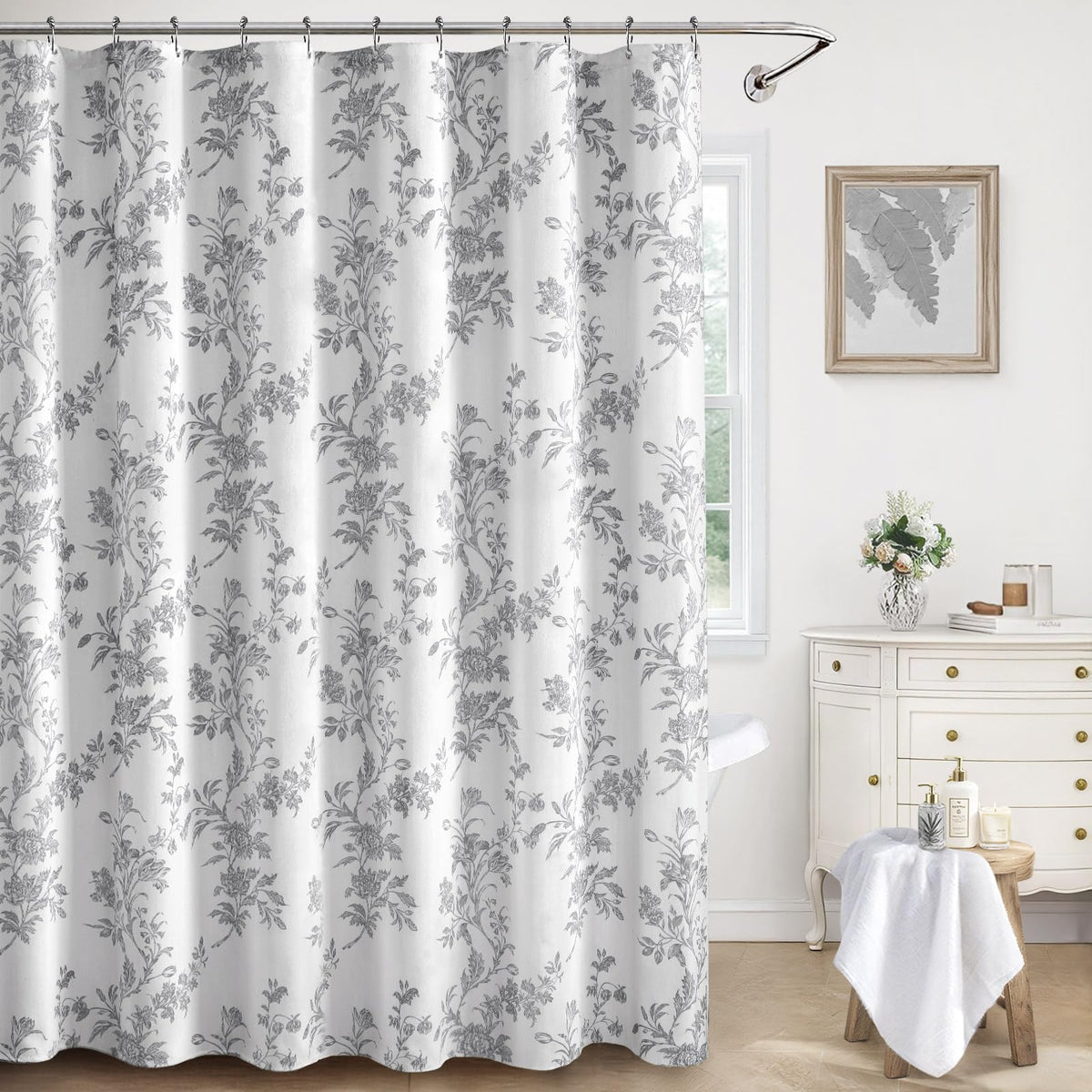 Sage Green Floral Shower Curtain,Vintage Cotton Cottagecore Shower Curtains for Bathroom, 72" W x 72" L