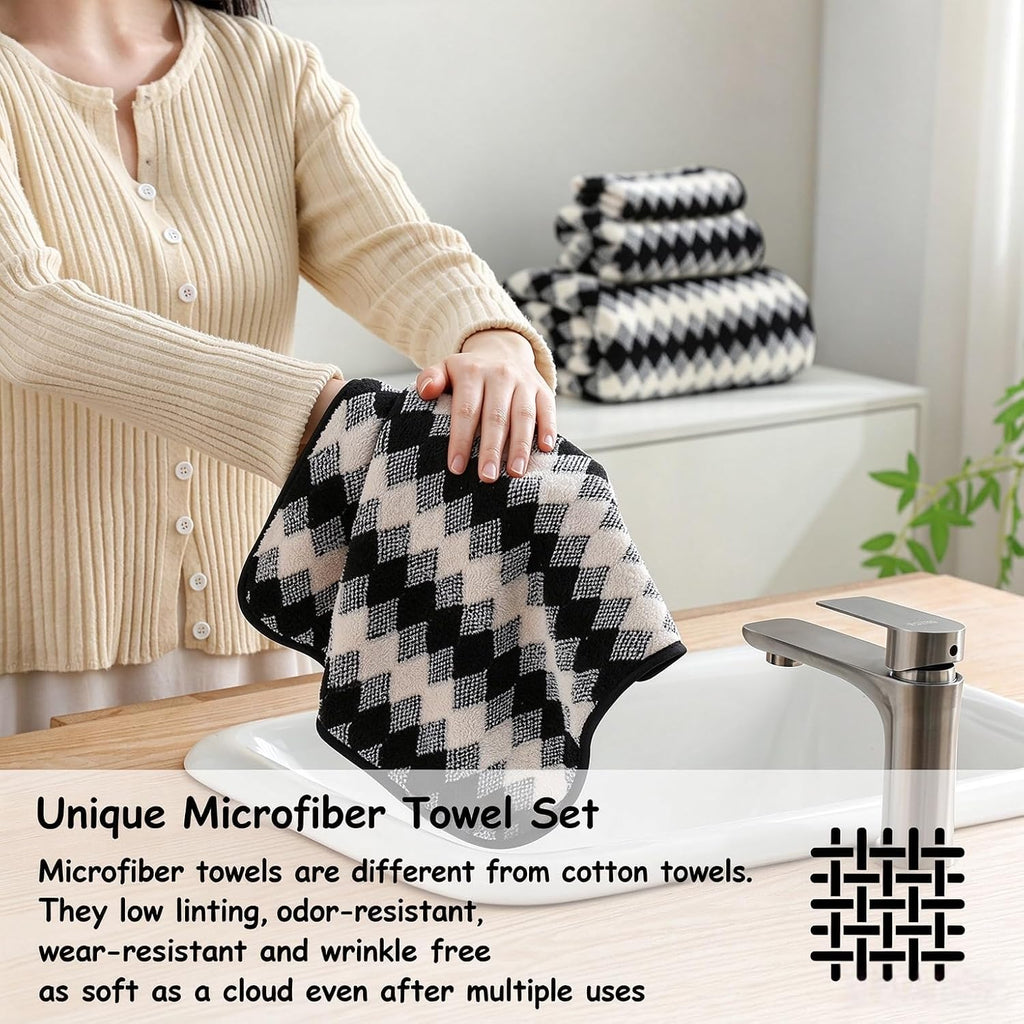 12 Pcs Black White Diamond Towel Set-4 Bath Towels,4 Hand Towels,4 Washcloths Soft Polyester Towels with Loop Absorbent Shower Towel Quick Dry Beach Chair Towel Family Towels for Bathroom Spa Gym Pool