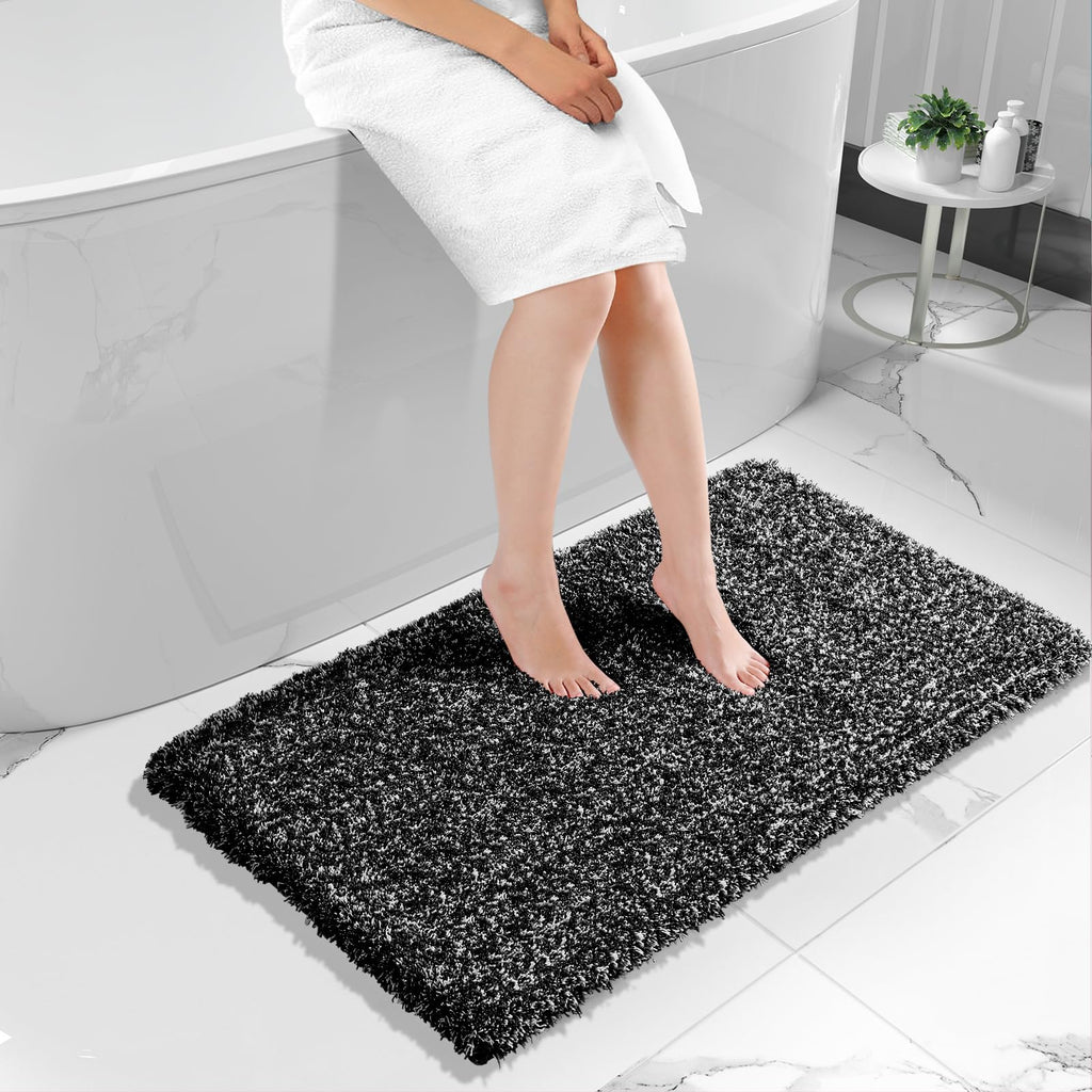 Yimobra Bathroom Rugs Non Slip Washable 32X20, Ultra Soft and Water Absorbent Bath Mats, Plush Fluffy Shower Mat Outside, Microfiber Thick Matts for Bathroom Floor/Tub, Light Gray and White