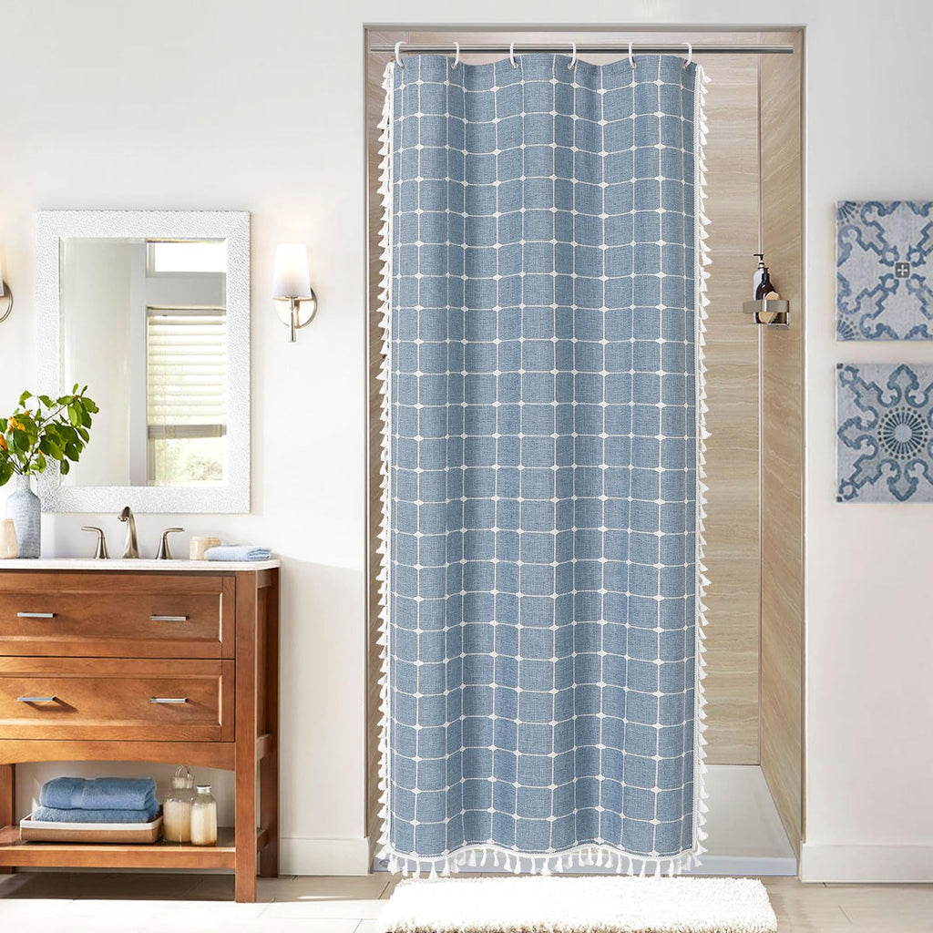 Boho Farmhouse Classic Plaid Linen Tassel Shower Curtain Blue,72x72