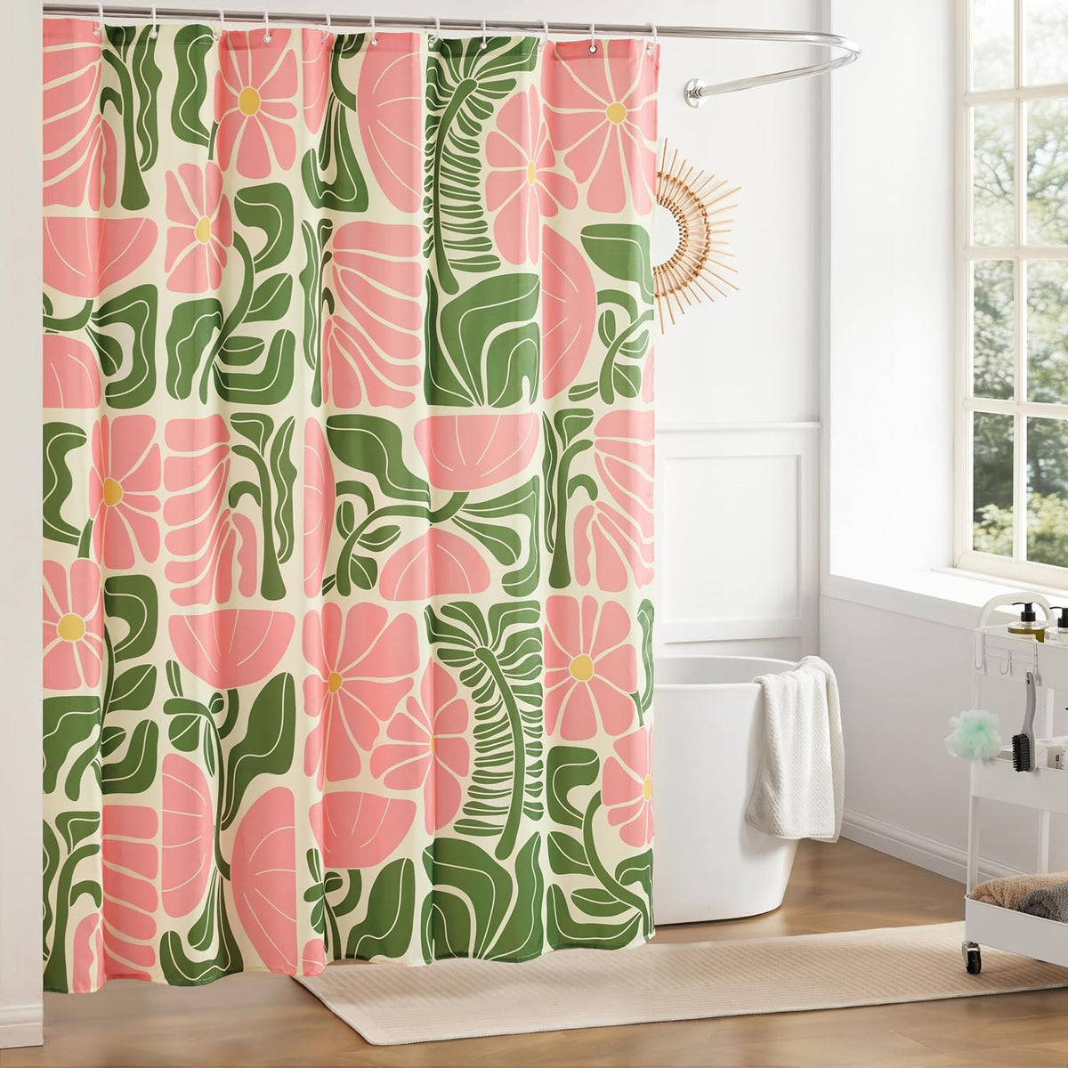 Ohocut Mid Century Modern Abstract Geometric Colorful Boho Shower Curtains for Bathroom, Cute Pink Floral Bathroom Shower Curtain, Vintage Retro Bath Curtain, Waterproof Shower Curtain 72''x72''
