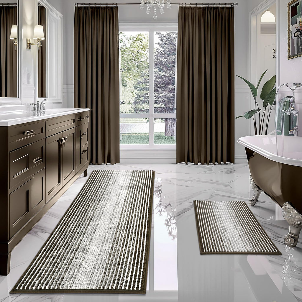 BSICPRO Bathroom Rugs Sets 2 Piece, Non Slip Striped Bath Mats, Fog Blue