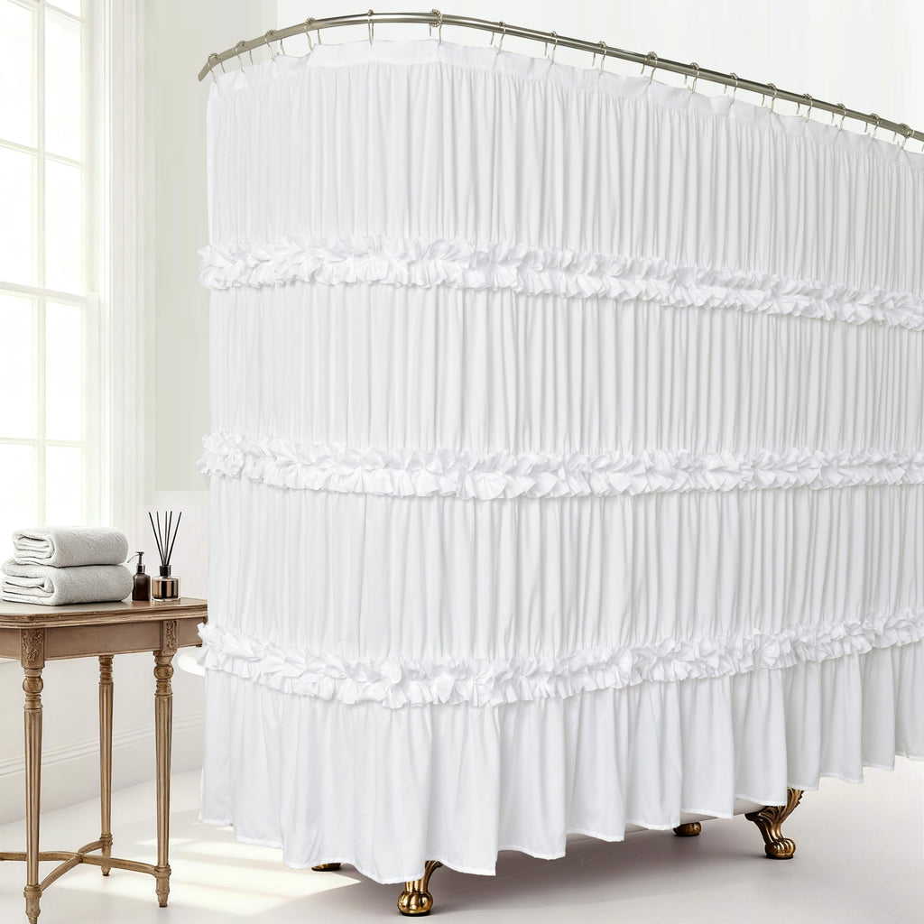 Homechoice Decor Victorian White Ruffle Shower Curtain with 12 Buttonholes