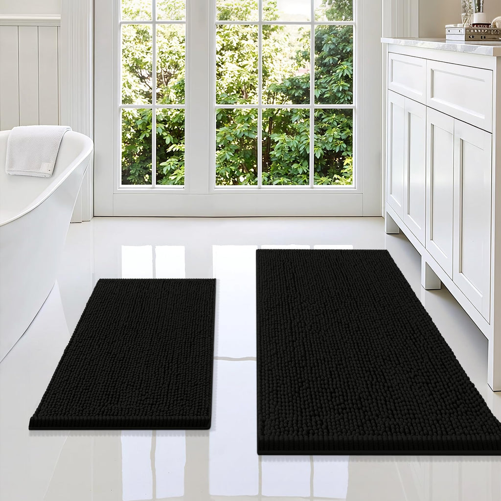 Smiry Chenille Bathroom Rugs Sets 2 Piece (30x20+24x16, Black)
