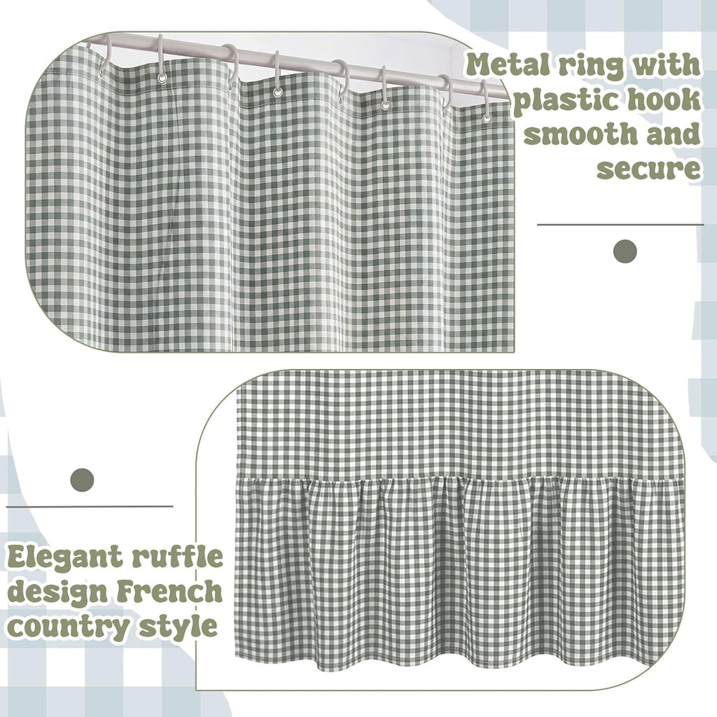 HunnmingRe Ruffle Hem Gingham Shower Curtain Sage Green