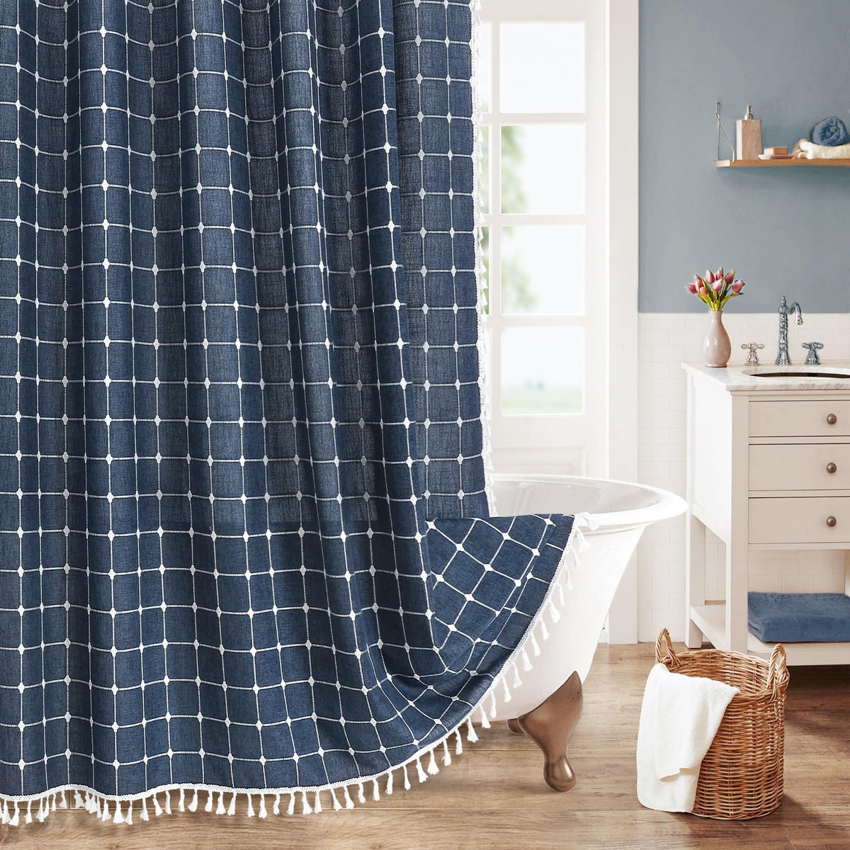 Boho Farmhouse Classic Plaid Linen Tassel Shower Curtain Blue,72x72