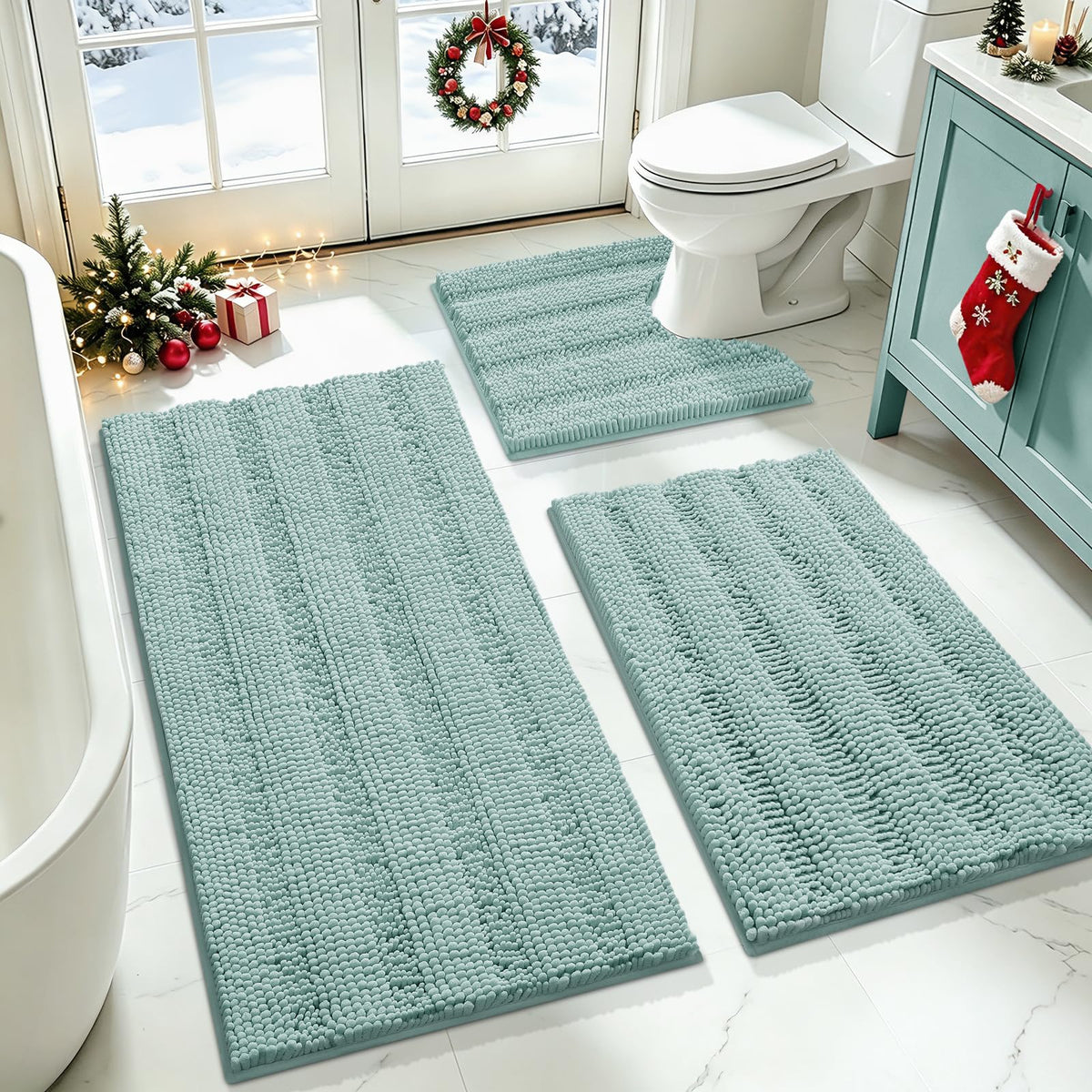 ACCUMTEK Striped Navy Blue Bathroom Rug Set 3 Pieces Ultra Soft, Non Slip Chenille Toilet Mat, Absorbent Plush Shaggy Bath Mats for Bathroom, Bedroom, Kitchen