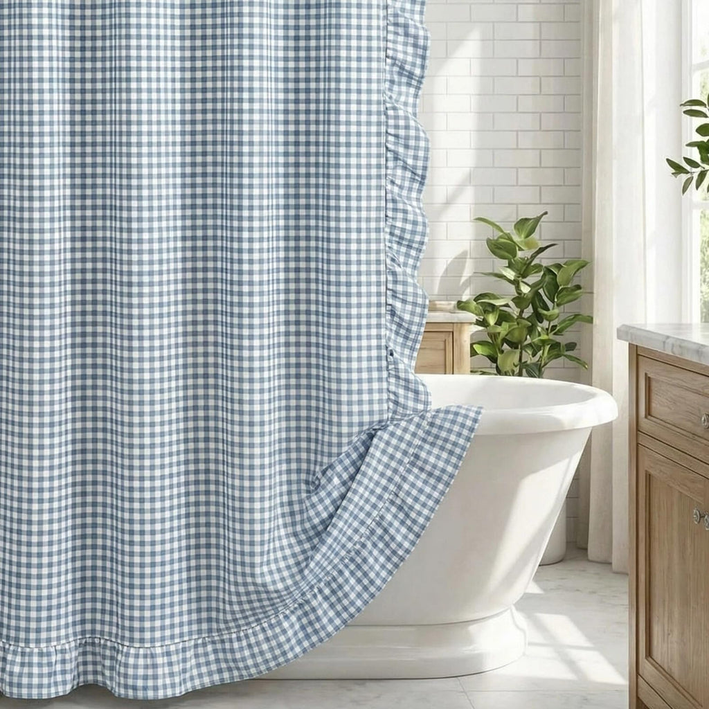 HunnmingRe Ruffled Gingham Shower Curtain Red