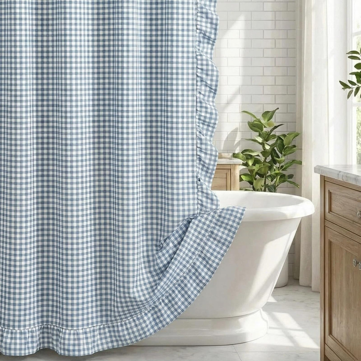 HunnmingRe Ruffled Gingham Shower Curtain Red