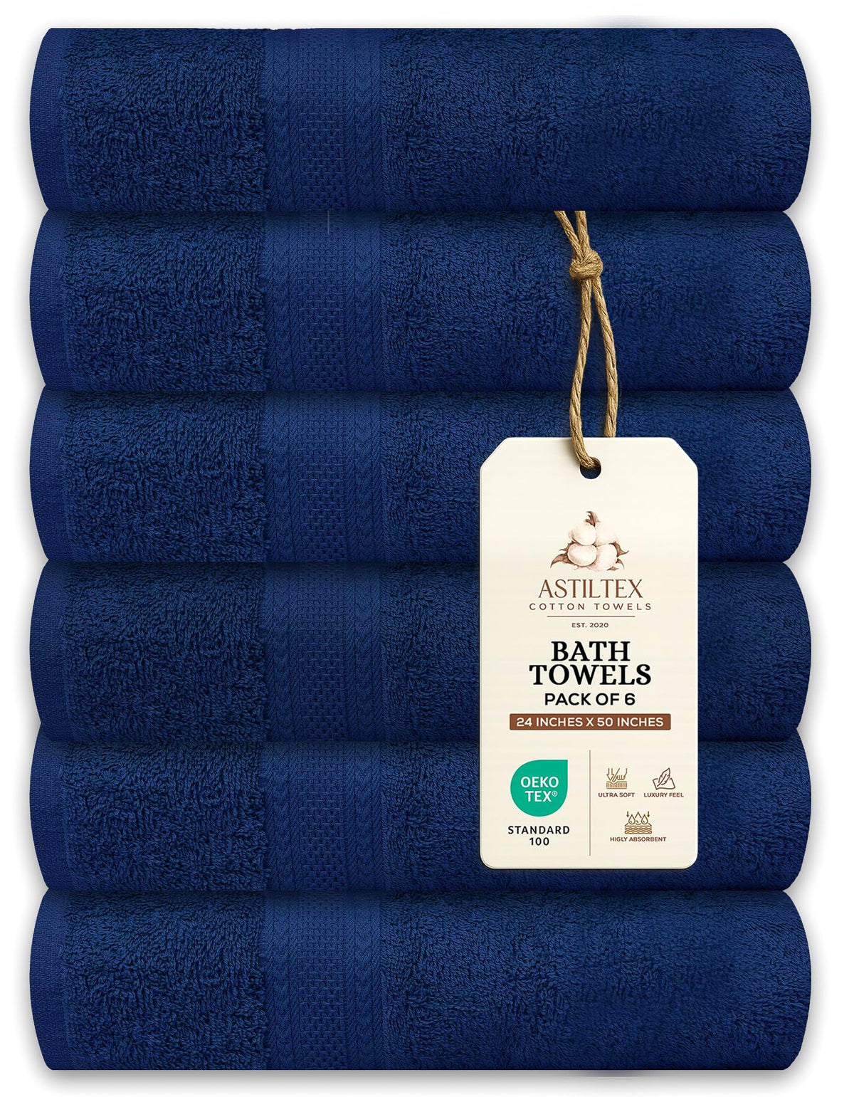 Bath Towels Pack of 6 – 24" x 48" – 100% Cotton Terry, Soft, Quick-Dry & Highly Absorbent – Navy Blue Towels for Bathroom, Spa, Gym, Hotel, Pool & Everyday Use