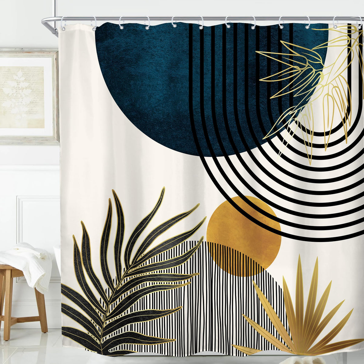 Mid Century Green Orange Boho Abstract Modern Bathroom Shower Curtain Set