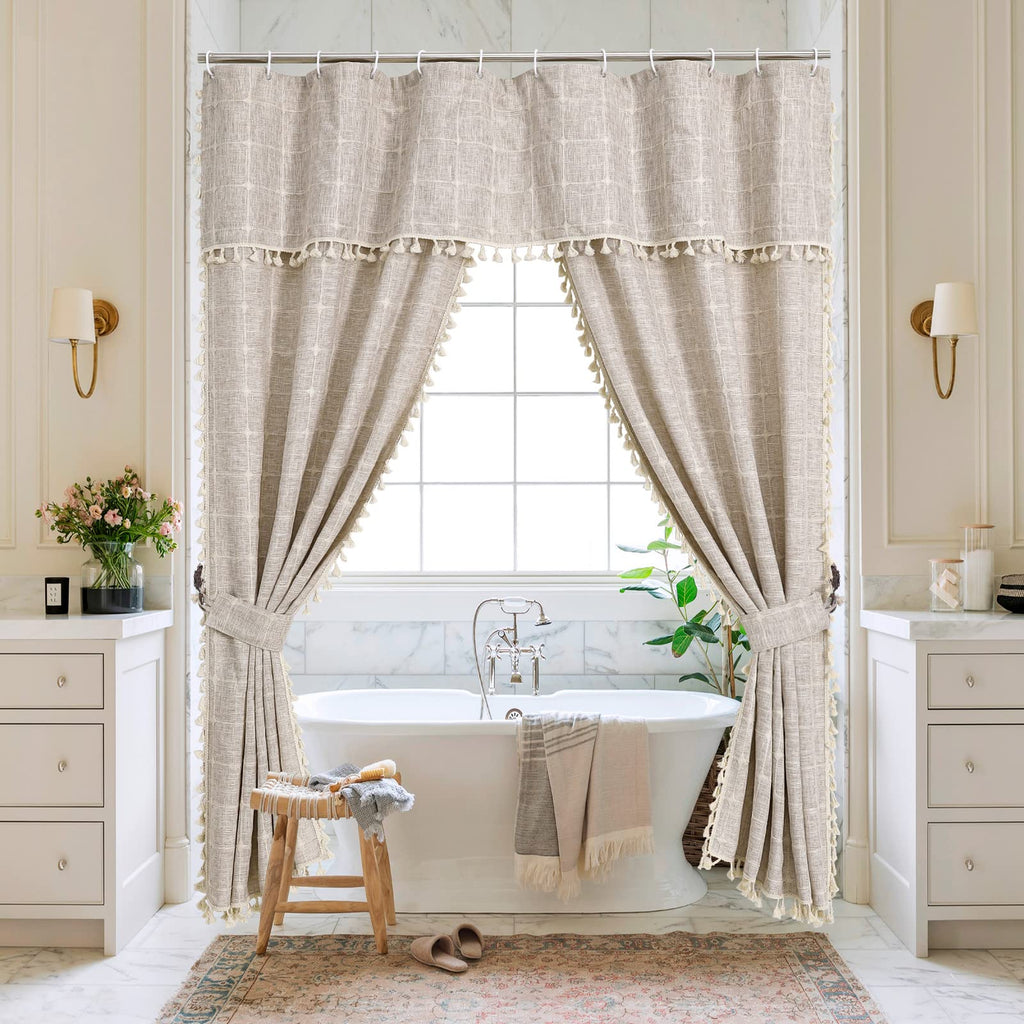 Boho Farmhouse Classic Plaid Linen Tassel Shower Curtain Blue,72x72