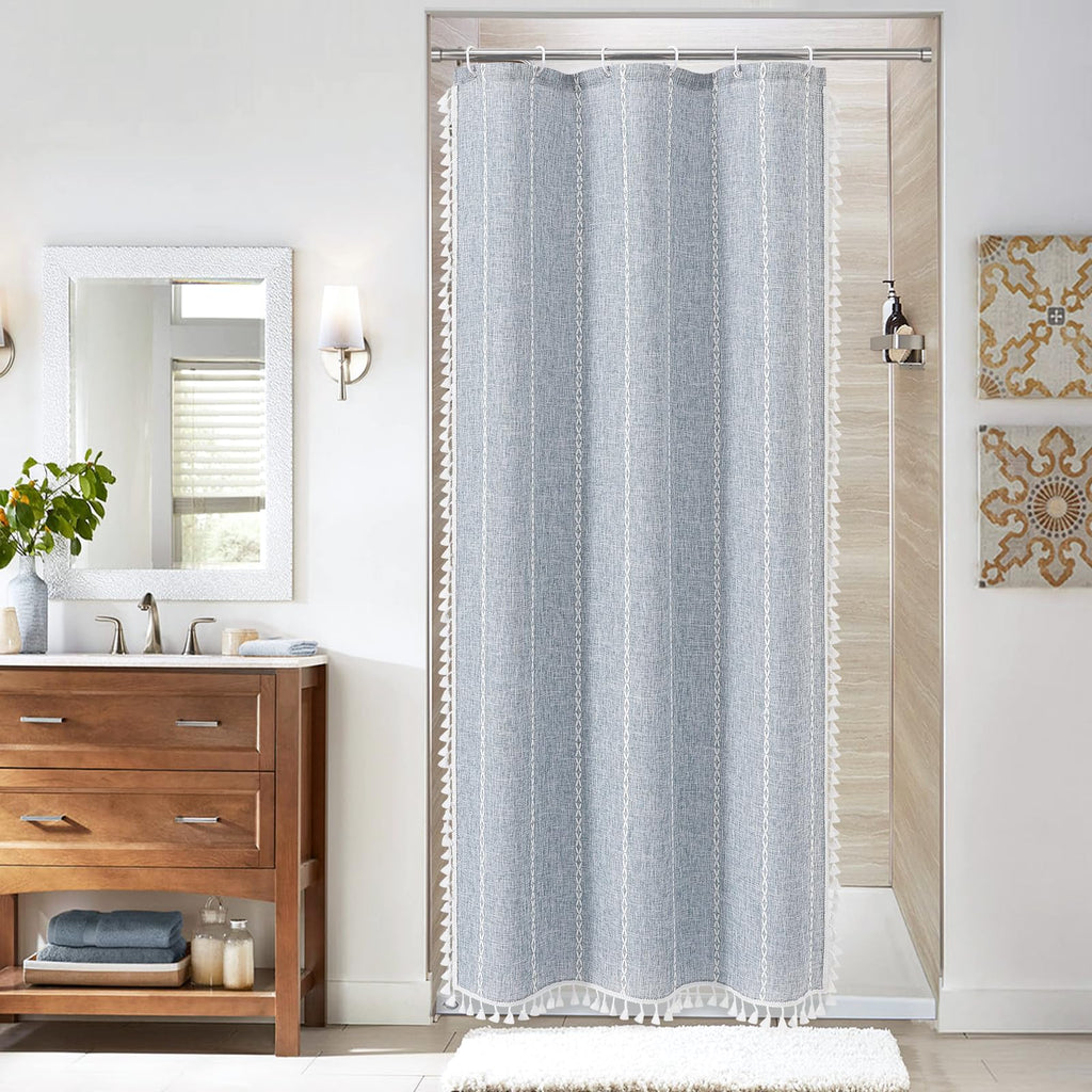 Boho Farmhouse Tassel Linen Shower Curtain,3D Embroidery Stripe Blue,72x72