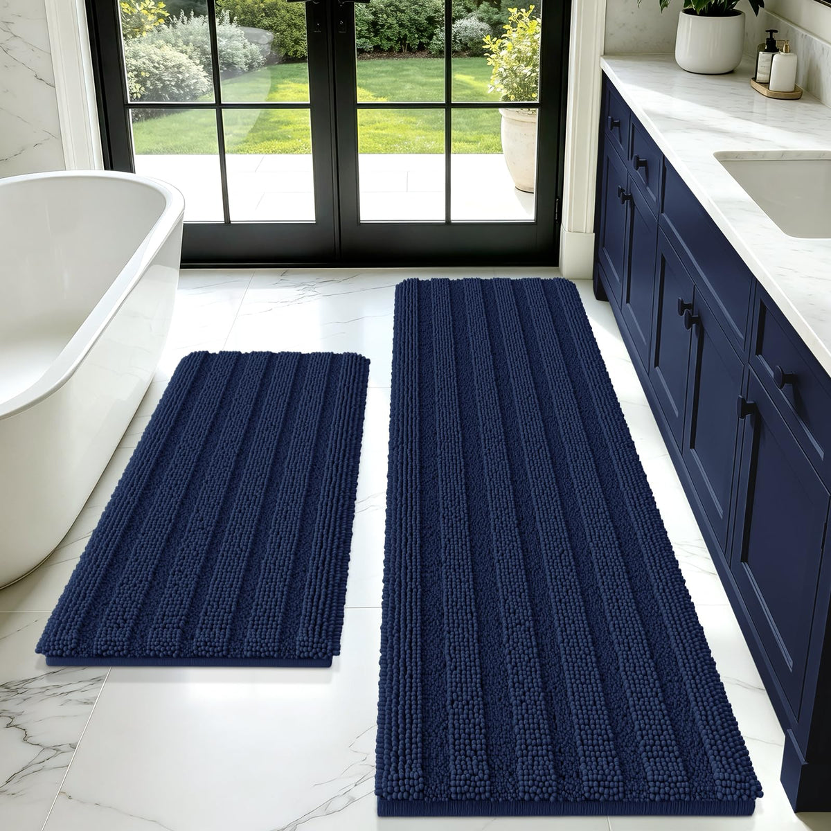 ACCUMTEK Striped Navy Blue Bathroom Rug Set 3 Pieces Ultra Soft, Non Slip Chenille Toilet Mat, Absorbent Plush Shaggy Bath Mats for Bathroom, Bedroom, Kitchen