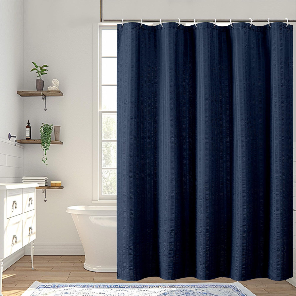 Aiyufeng Moga Navy Blue Fabric Shower Curtains for Bathroom - Blue Hotel Spa Polyester Cloth Bath Curtain with 12 Holes, 72x72, Machine Washable, Navy Blue