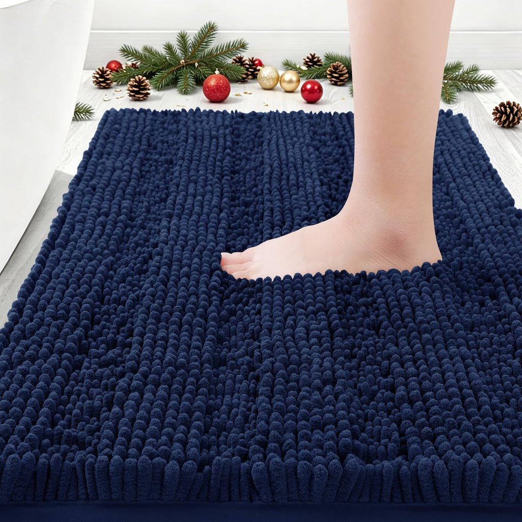 ACCUMTEK Striped Navy Blue Bathroom Rug Set 3 Pieces Ultra Soft, Non Slip Chenille Toilet Mat, Absorbent Plush Shaggy Bath Mats for Bathroom, Bedroom, Kitchen
