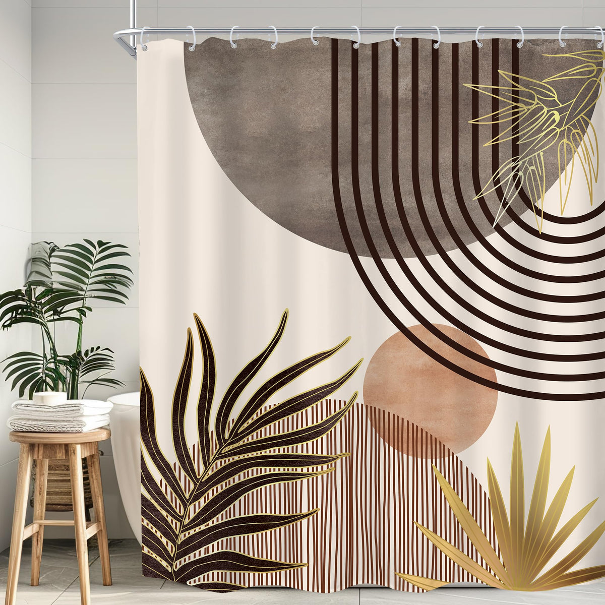 Mid Century Green Orange Boho Abstract Modern Bathroom Shower Curtain Set