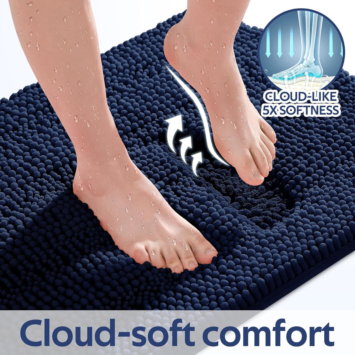 ACCUMTEK Striped Navy Blue Bathroom Rug Set 3 Pieces Ultra Soft, Non Slip Chenille Toilet Mat, Absorbent Plush Shaggy Bath Mats for Bathroom, Bedroom, Kitchen