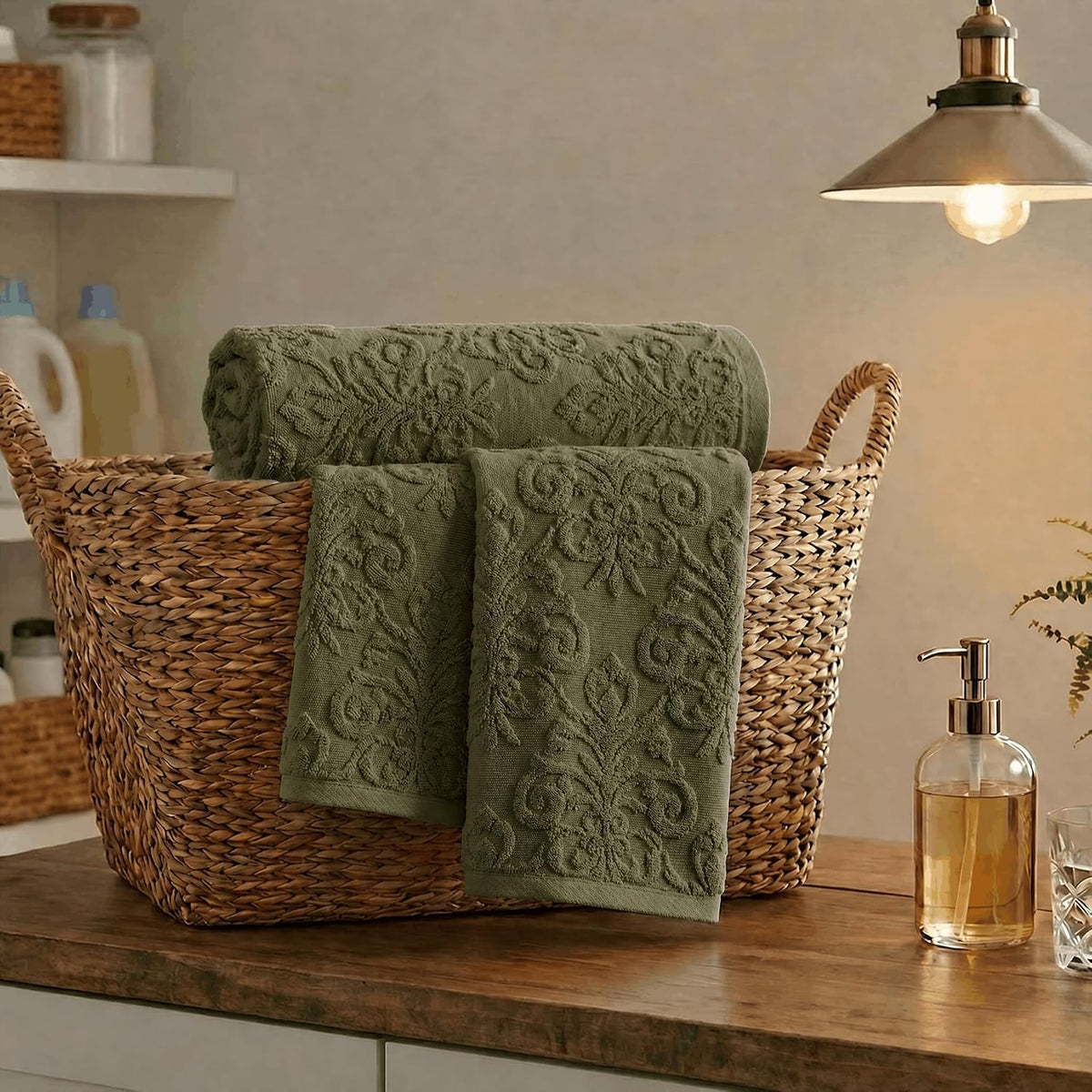 Artoid Mode 2 Pcs Olive Green 3D Vintage Floral Hand Towels for Bathroom, 100% Cotton Soft Absorbent Bathroom Decor Towels, 13.7 x 29.5 Inch