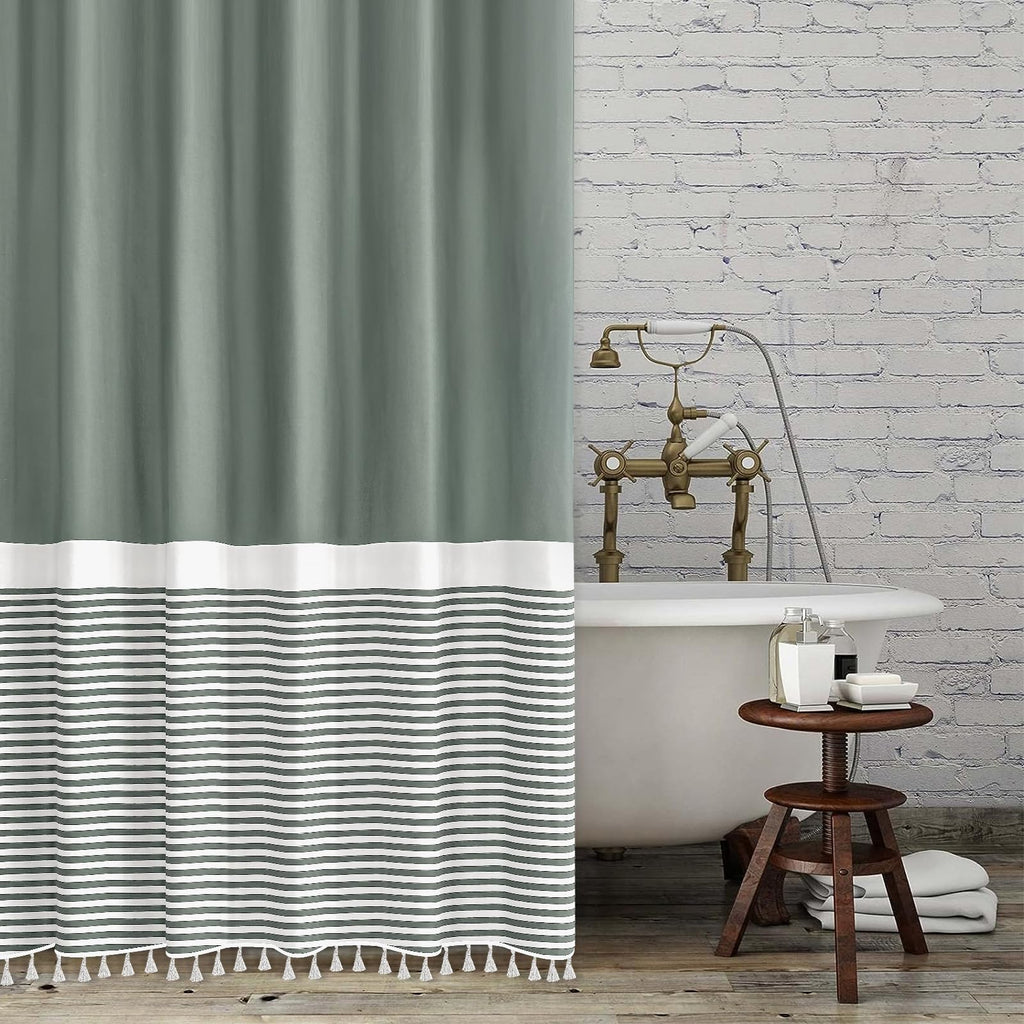 Seasonwood Black and White Shower Curtain Striped with Tassels 72 x 72