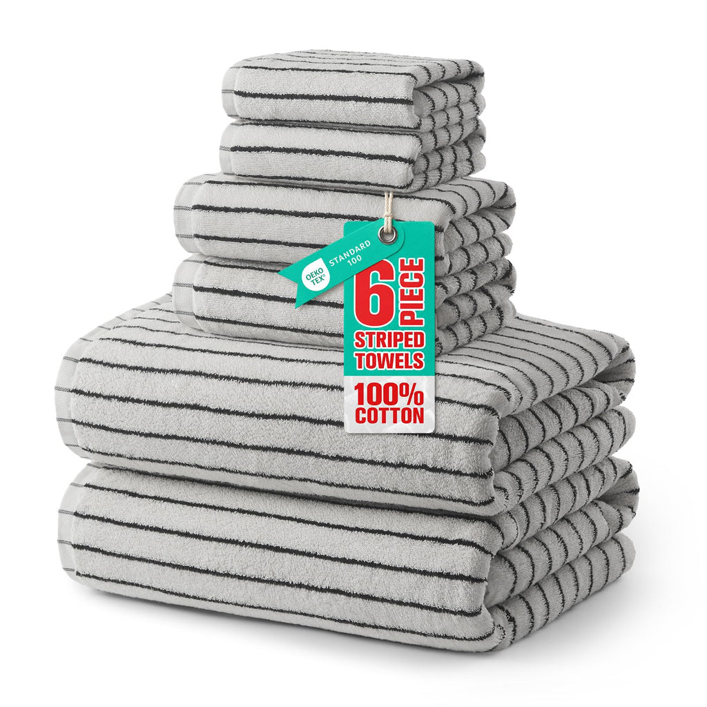 ecolook Premium Bath Towel Set of 6 Pieces – 100% Cotton, Super Absorbent & Quick Dry, Striped Towels for Bathroom, Spa & Swim – 2 Bath, 2 Hand, 2 Washcloths, Olive Green