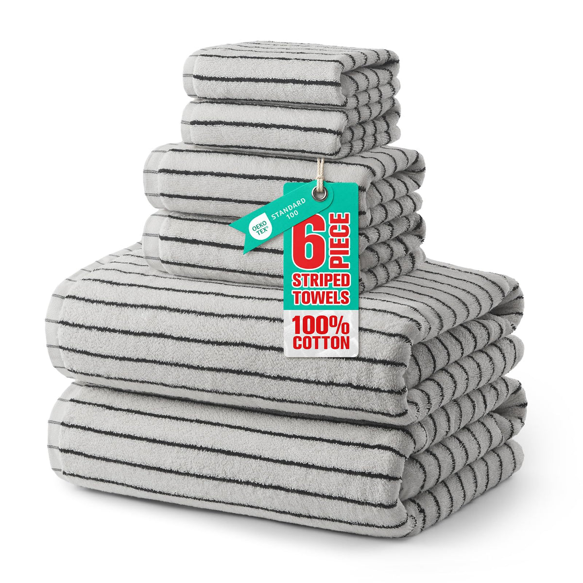 ecolook Premium Bath Towel Set of 6 Pieces – 100% Cotton, Super Absorbent & Quick Dry, Striped Towels for Bathroom, Spa & Swim – 2 Bath, 2 Hand, 2 Washcloths, Olive Green