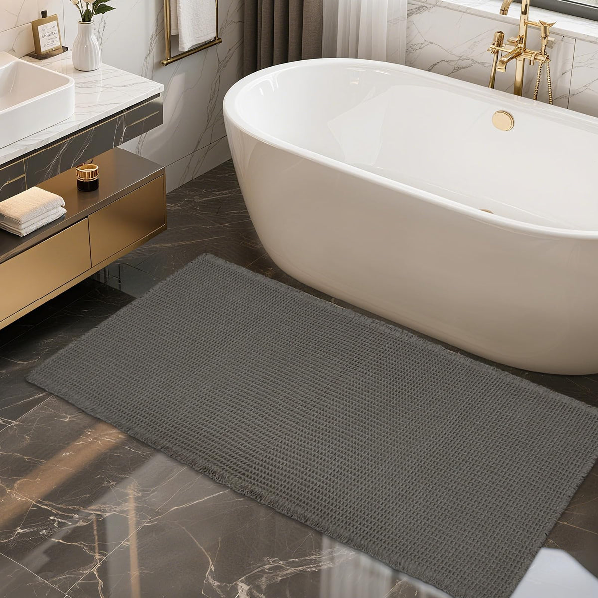 ZALL Waffle Bath Mat Boho Bathroom Mat Ultra Absorbent Non Slip 18x30 Tan