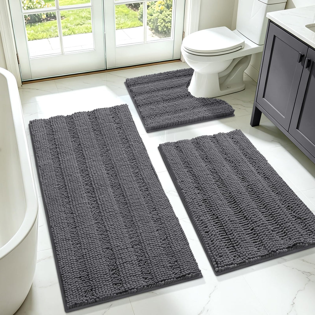 ACCUMTEK Striped Navy Blue Bathroom Rug Set 3 Pieces Ultra Soft, Non Slip Chenille Toilet Mat, Absorbent Plush Shaggy Bath Mats for Bathroom, Bedroom, Kitchen