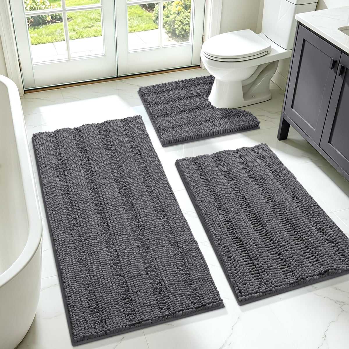 ACCUMTEK Striped Navy Blue Bathroom Rug Set 3 Pieces Ultra Soft, Non Slip Chenille Toilet Mat, Absorbent Plush Shaggy Bath Mats for Bathroom, Bedroom, Kitchen