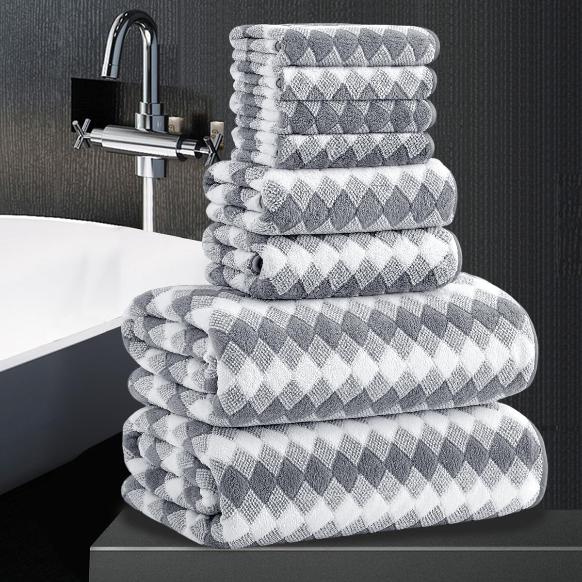 8 Piece Bathroom Towel Set Black White|2 Oversized Large Bath Towels Sheet,2 Hand Towels,4 Washcloths| 600GSM Soft Towel Set for Bathroom Hotel,Highly Absorbent Quick Dry Bath Towel Collections