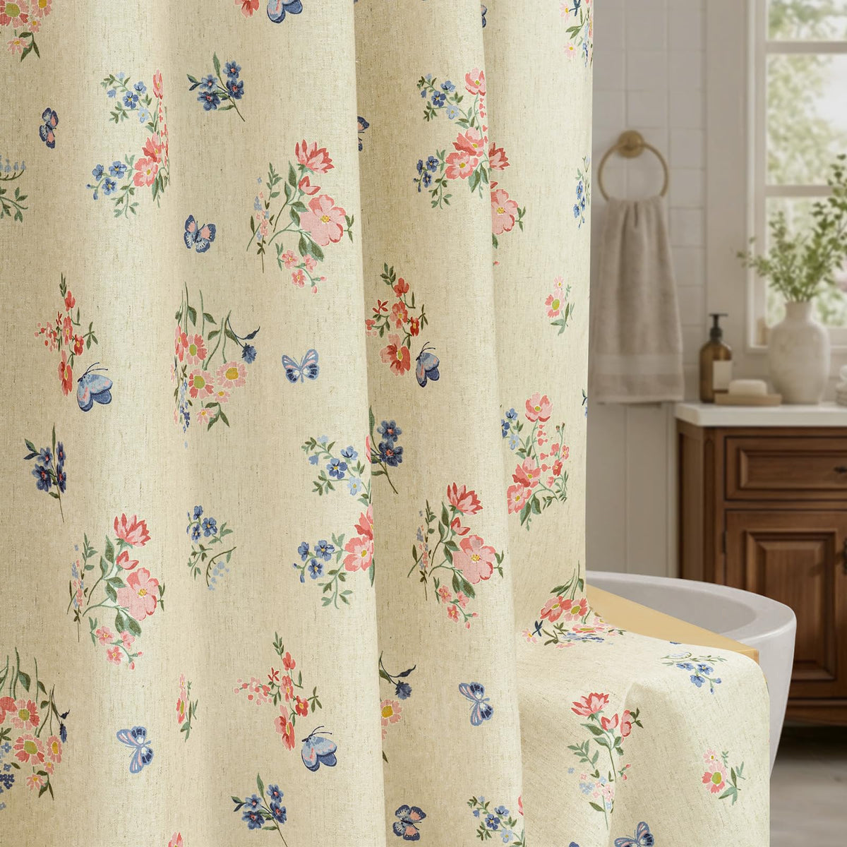 Botanical Floral Linen Blend Shower Curtain 72x72, Organic Modern Farmhouse Bathroom Decor, 210GSM Fabric (Green/Oatmeal)