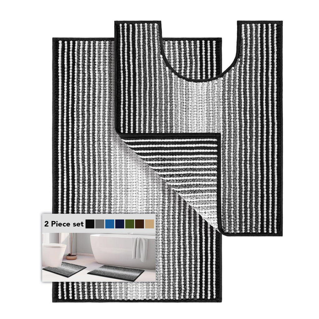 BSICPRO Bathroom Rugs Sets 2 Piece, Non Slip Striped Bath Mats, Fog Blue