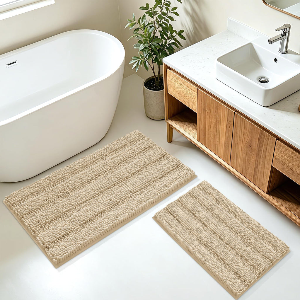 ACCUMTEK Striped Navy Blue Bathroom Rug Set 3 Pieces Ultra Soft, Non Slip Chenille Toilet Mat, Absorbent Plush Shaggy Bath Mats for Bathroom, Bedroom, Kitchen