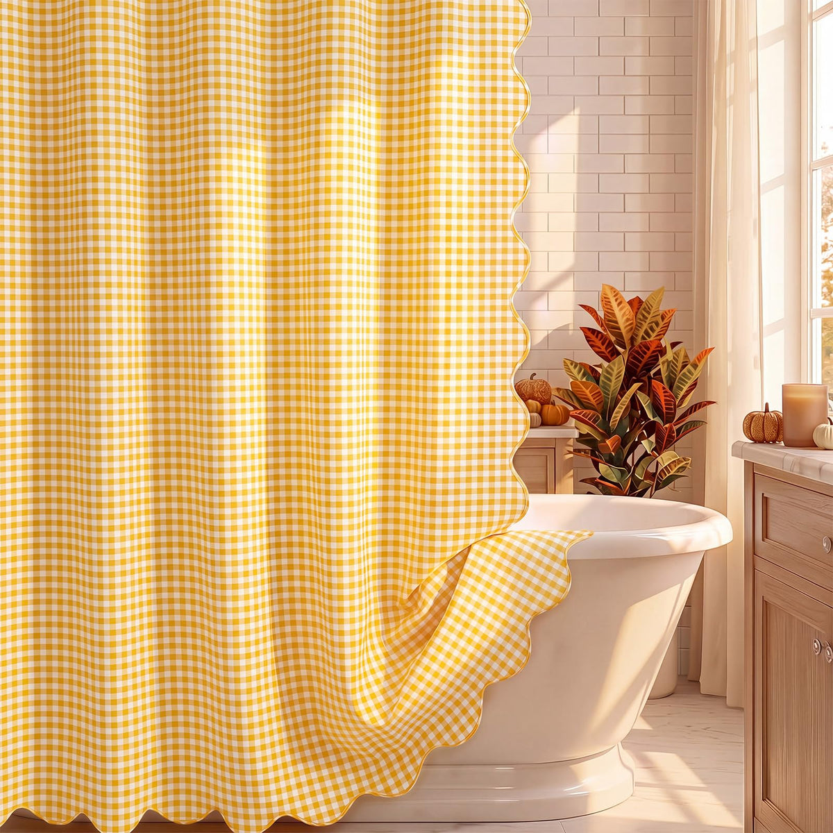 HunnmingRe Ruffled Gingham Shower Curtain Red