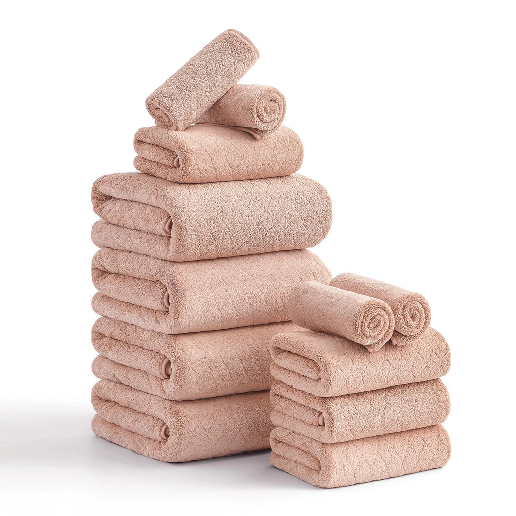 Hailea Luxury Bath Towels Set - 12 Piece (4 Large Bath Towels,4 Hand Towels,4 Washcloths), 100% Microfiber,Extra Absorbent Super Soft & Quick Dry,Complete Family Pack for Bathroom Gym Pool,Camel