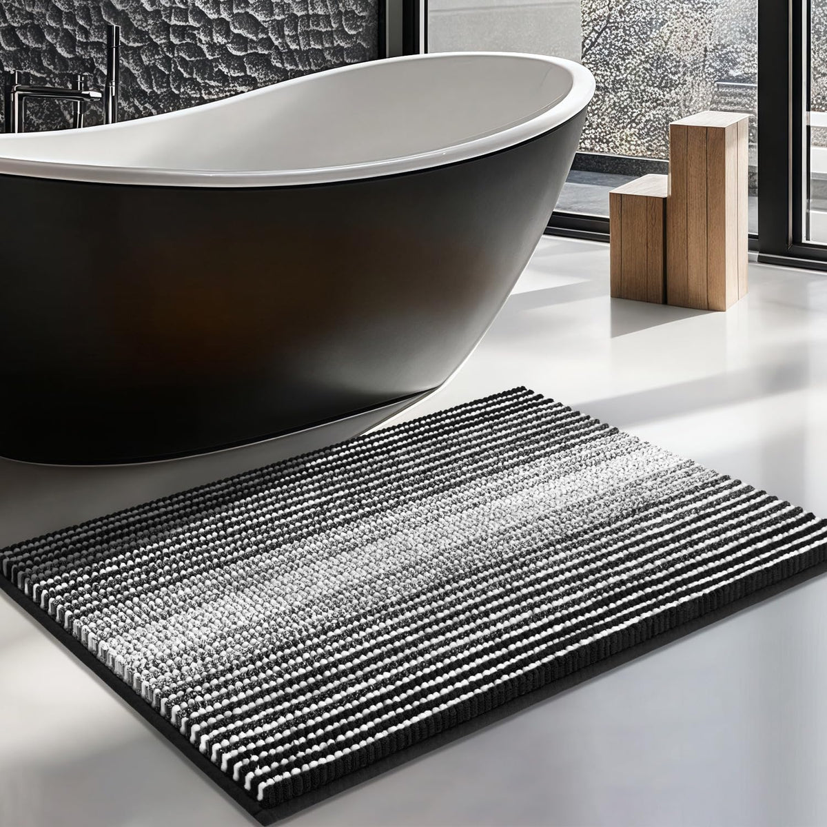BSICPRO Bathroom Rugs Sets 2 Piece, Non Slip Striped Bath Mats, Fog Blue