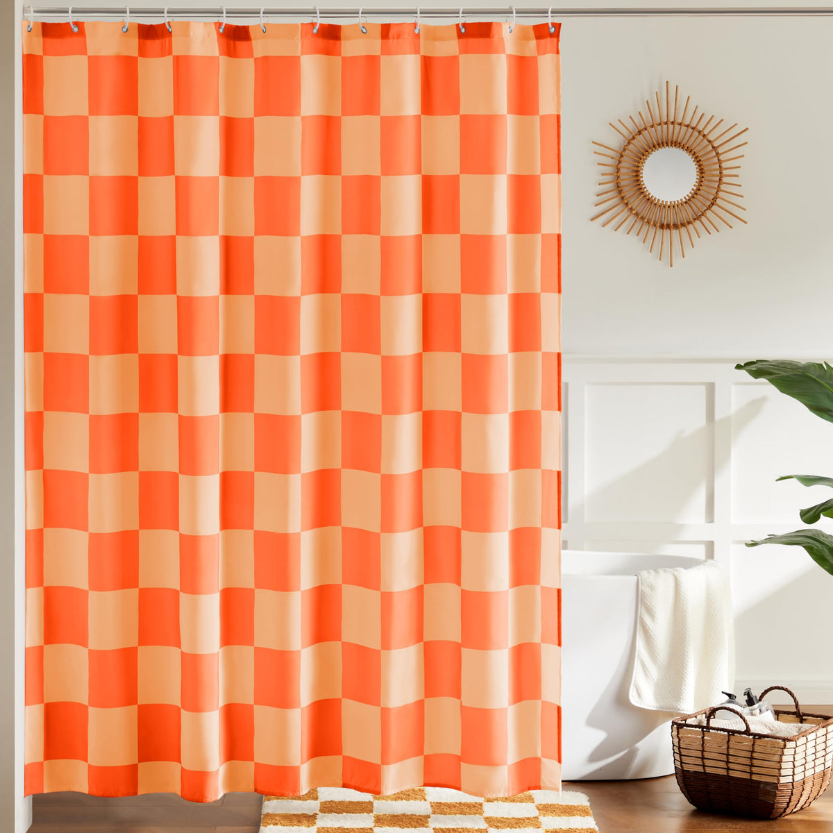 Ohocut Checkered Shower Curtain, Double Pink Plaid Shower Curtains for Bathroom, Cute Retro Checkboard Shower Curtain Vintage Aesthetic, Washable Fabric Bath Curtain 72''x72''