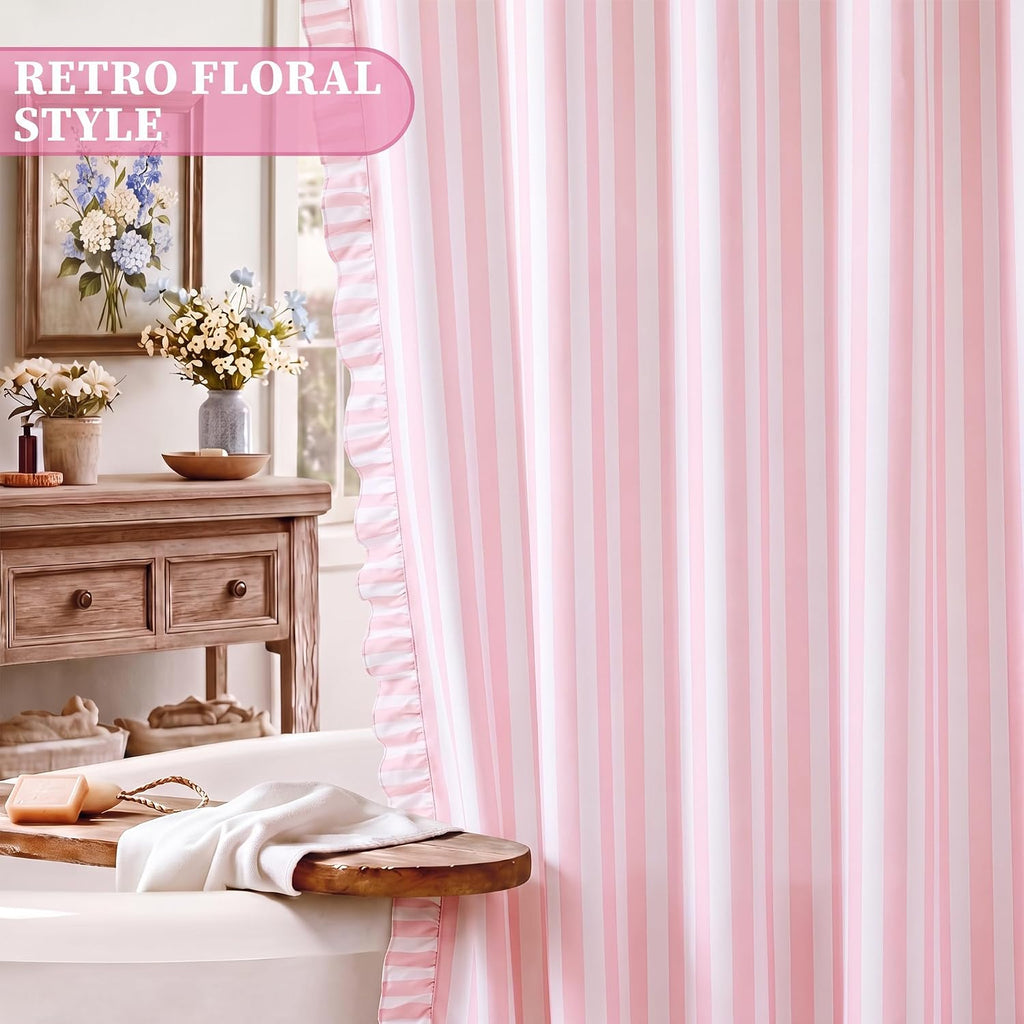 Pink Ruffled Striped Shower Curtain