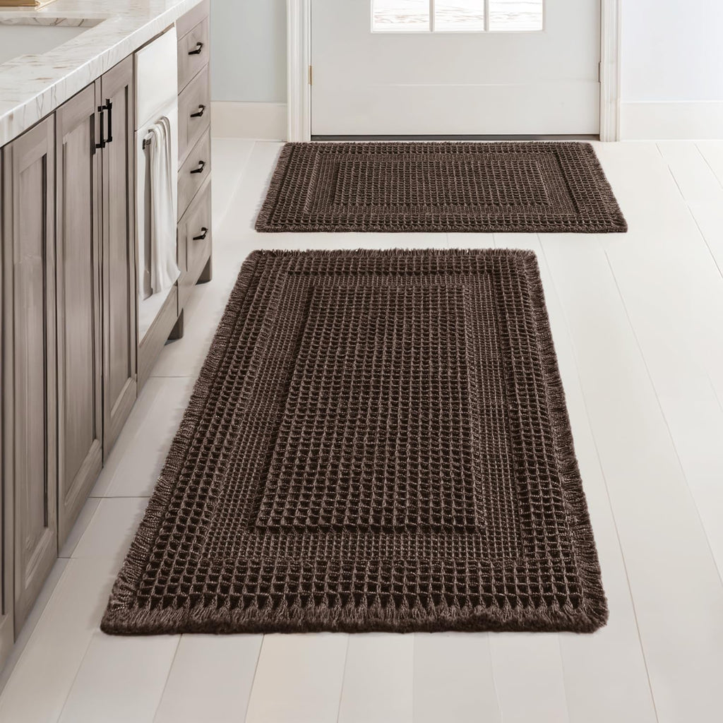 MIULEE Set of 2 Waffle Bathroom Rugs Brown&Cream Boho Bath Mat 17x24+18x30