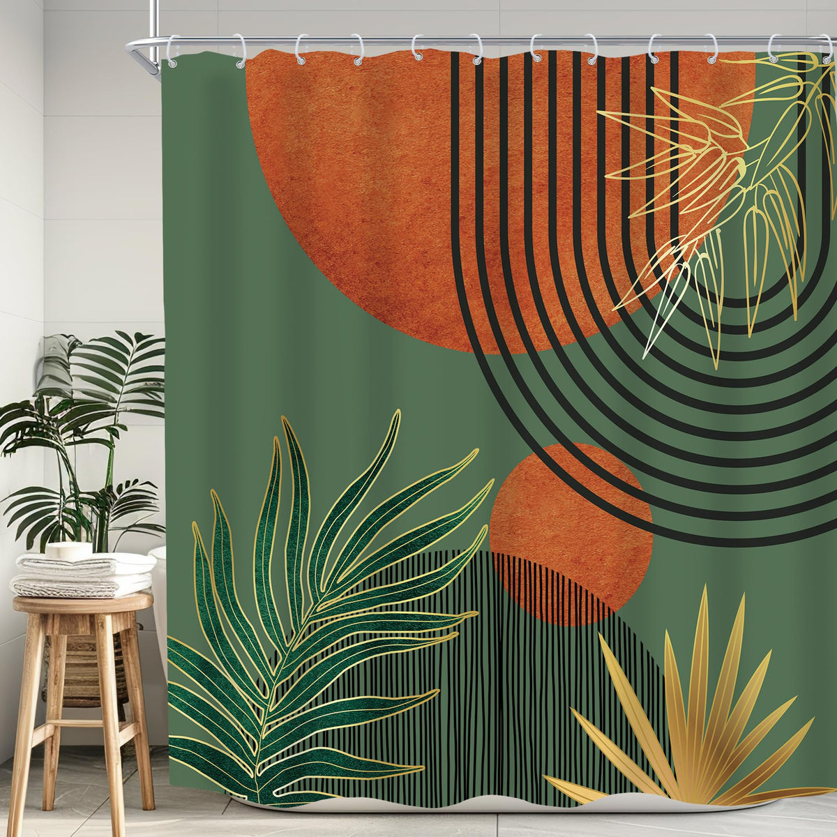 Mid Century Green Orange Boho Abstract Modern Bathroom Shower Curtain Set