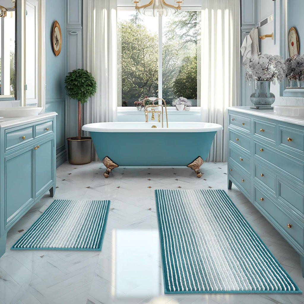 BSICPRO Bathroom Rugs Sets 2 Piece, Non Slip Striped Bath Mats, Fog Blue