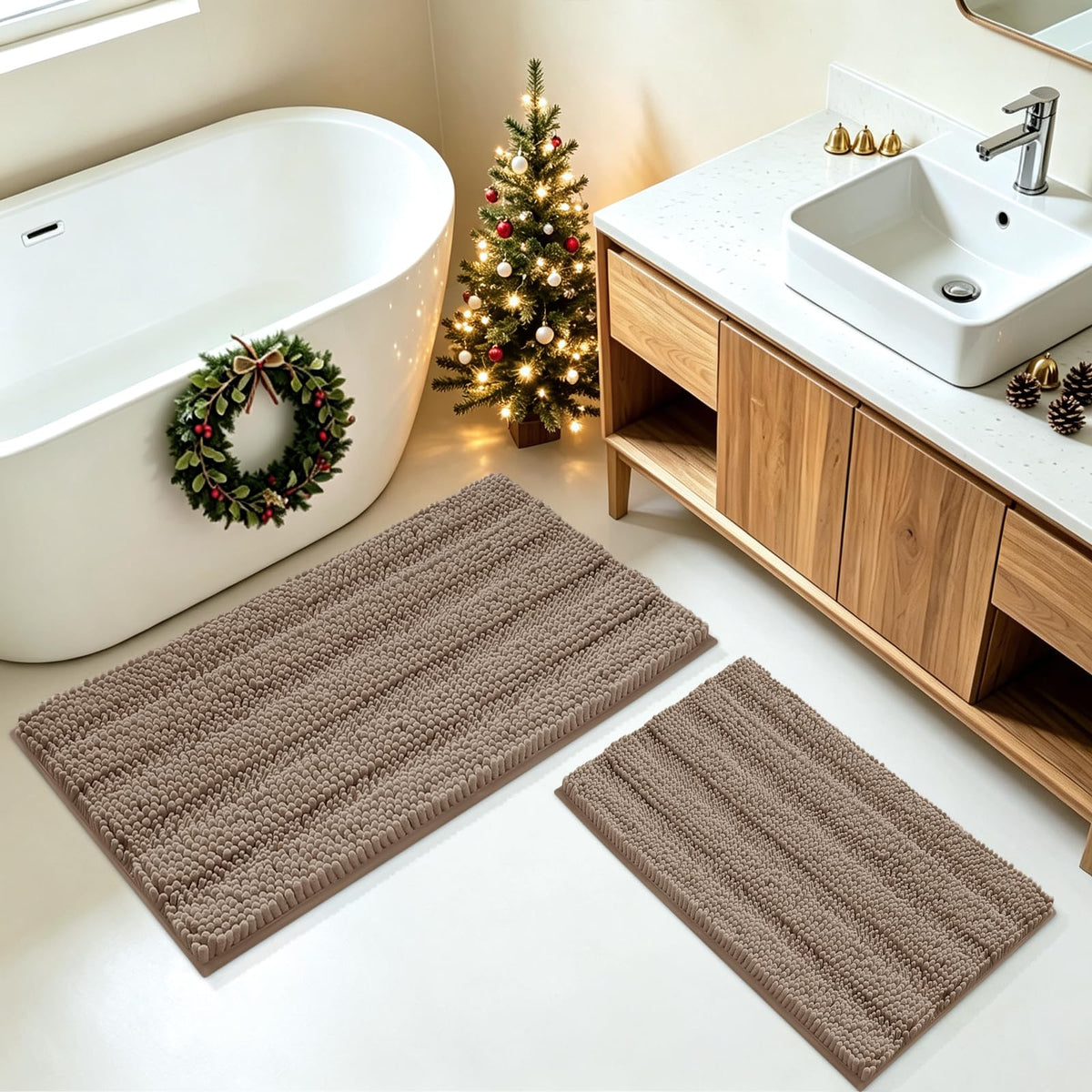 ACCUMTEK Striped Navy Blue Bathroom Rug Set 3 Pieces Ultra Soft, Non Slip Chenille Toilet Mat, Absorbent Plush Shaggy Bath Mats for Bathroom, Bedroom, Kitchen