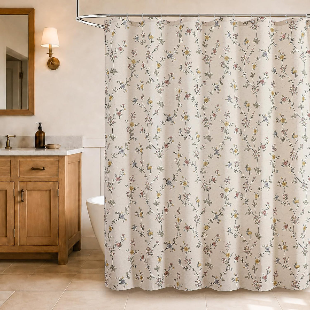 Colorful Star Yellow Floral Linen Shower Curtain Cottagecore, 72" W x 72" L