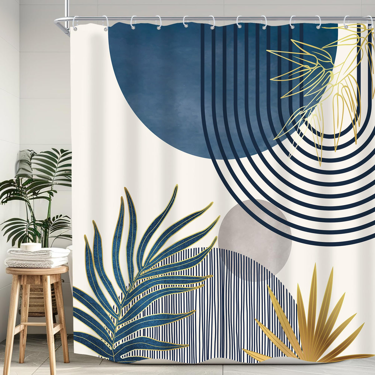 Mid Century Green Orange Boho Abstract Modern Bathroom Shower Curtain Set