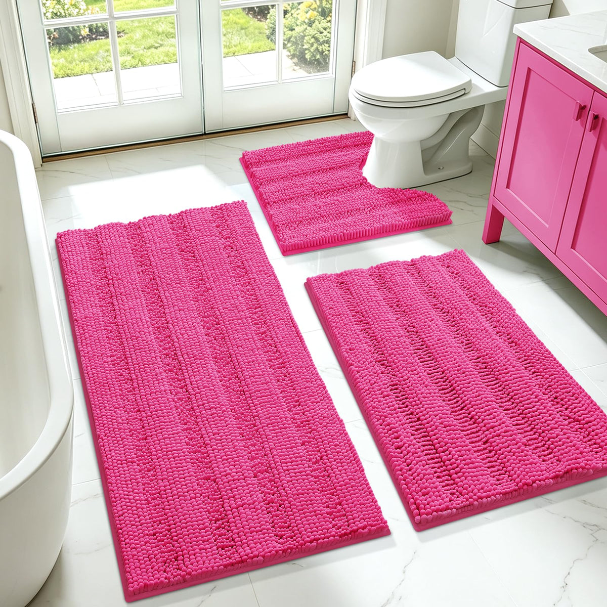 ACCUMTEK Striped Navy Blue Bathroom Rug Set 3 Pieces Ultra Soft, Non Slip Chenille Toilet Mat, Absorbent Plush Shaggy Bath Mats for Bathroom, Bedroom, Kitchen