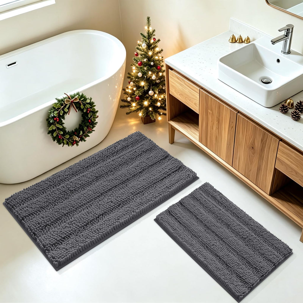 ACCUMTEK Striped Navy Blue Bathroom Rug Set 3 Pieces Ultra Soft, Non Slip Chenille Toilet Mat, Absorbent Plush Shaggy Bath Mats for Bathroom, Bedroom, Kitchen