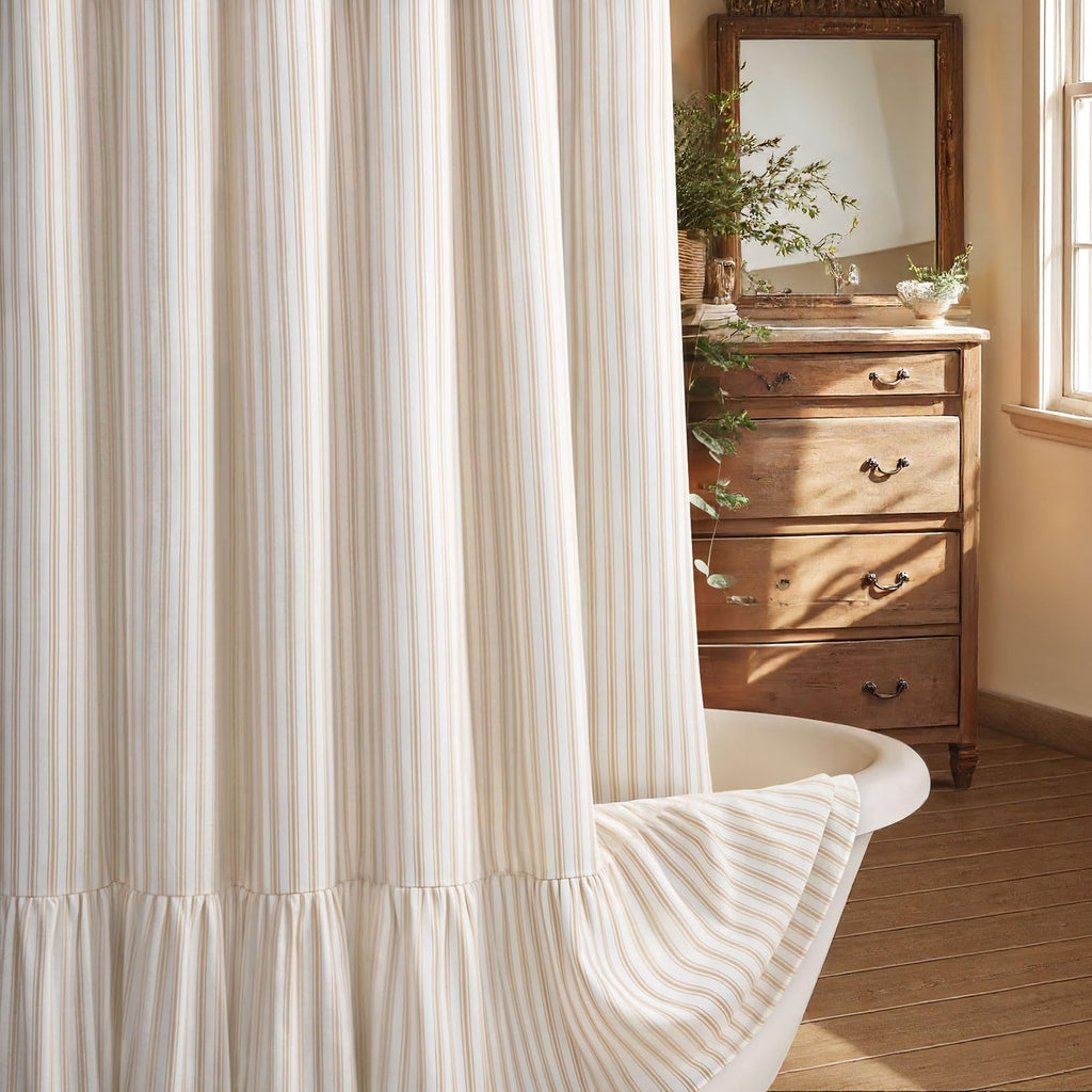 Farmhouse Shower Curtain Ruffle Linen Cream-Beige Stripe 72"W x 72"L