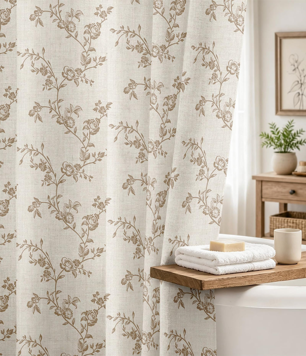 MAMUSE Linen Shower Curtain for Bathroom - Cute Aesthetic Decorative Modern Girly Unique Girls Design Farmhouse Women Waterproof Cortinas de Baño Bathtub 72 x 72 Inch, Sage Flower