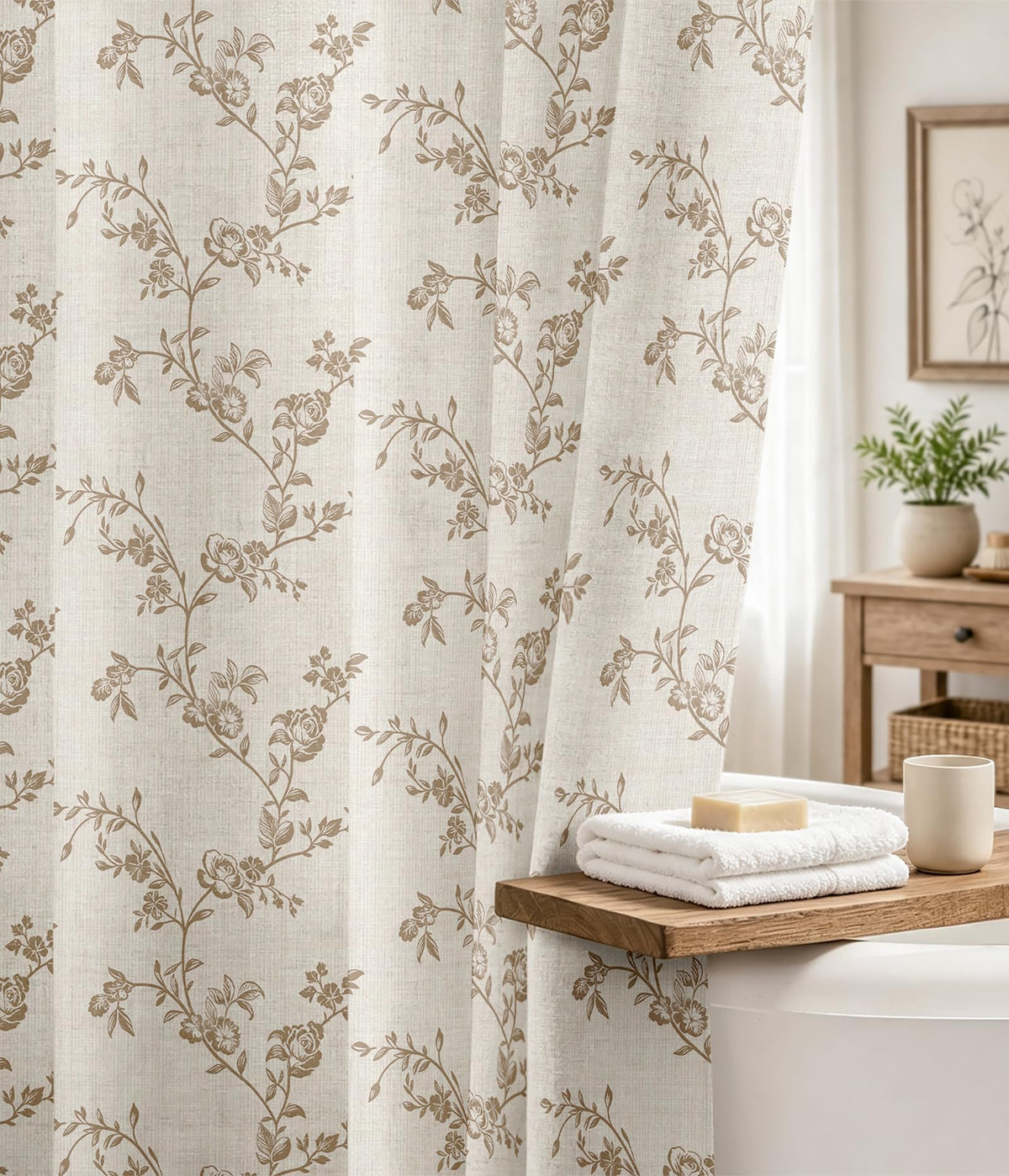 MAMUSE Linen Shower Curtain for Bathroom - Cute Aesthetic Decorative Modern Girly Unique Girls Design Farmhouse Women Waterproof Cortinas de Baño Bathtub 72 x 72 Inch, Sage Flower