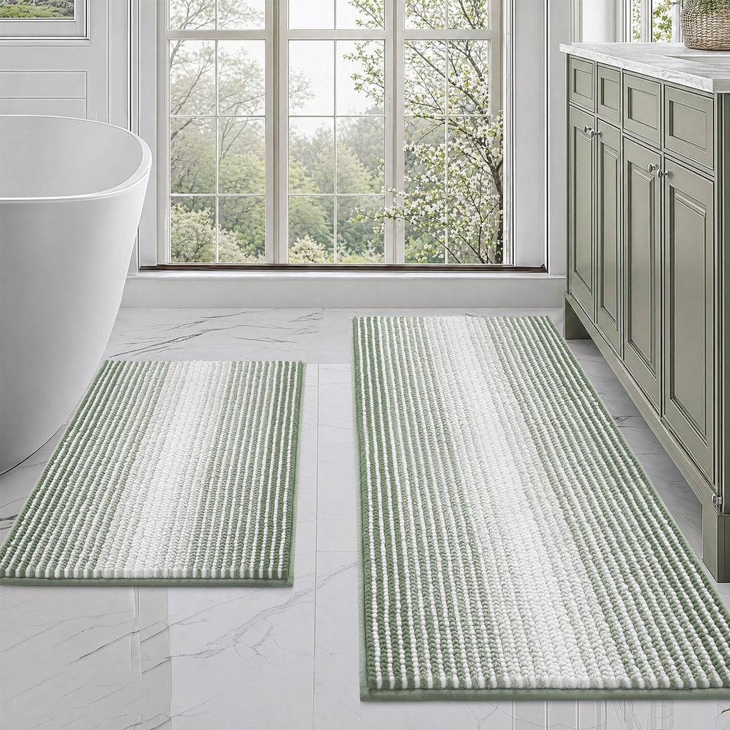 BSICPRO Bathroom Rugs Sets 2 Piece, Non Slip Striped Bath Mats, Fog Blue
